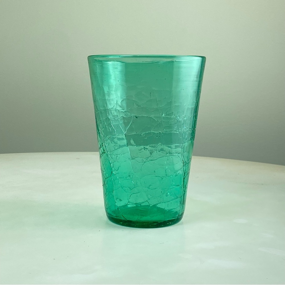 Vintage Mid Century BLENKO Crackle Glass Blue Turquoise Vase 7” Tall 5” Wide